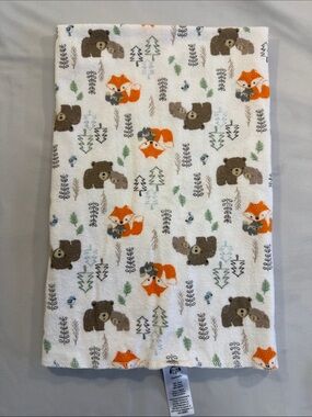 Gerber White Baby flannel receiving blanket with Orange Fox and Brown Bear Print